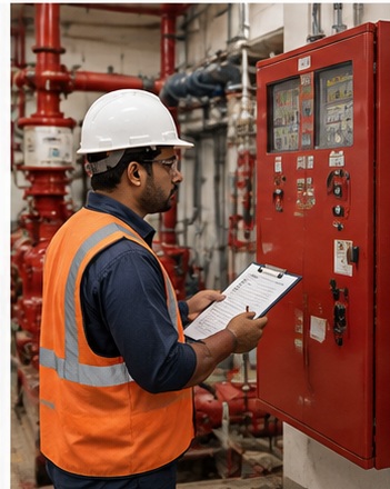 Technician inspecting a fire protection system during AMC