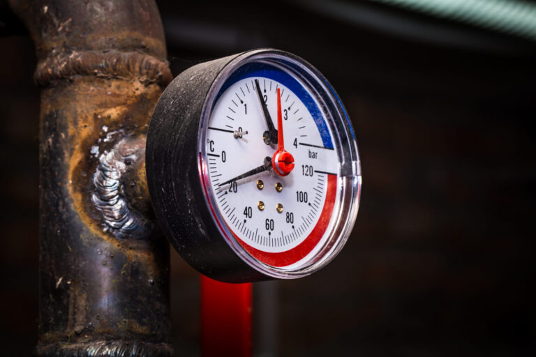 Fire pump room pipework with pressure gauge and valves