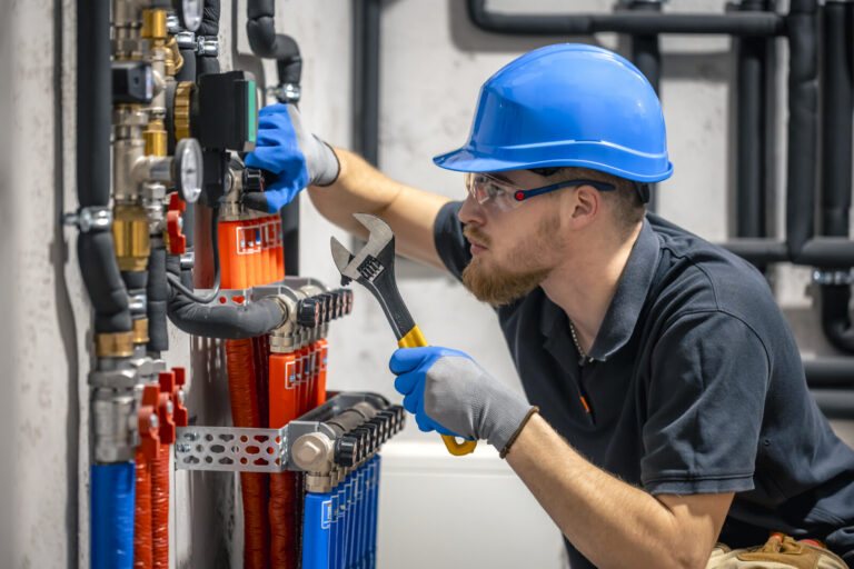 Technician inspecting plant room equipment during preventive maintenance